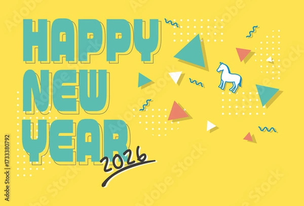 Obraz 年賀状2026 　午年のイラスト　干支　テンプレート　ニュートロ　ニューレトロ　シンプル