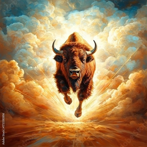 Fototapeta Majestic Bison Leaping Through Golden Clouds
