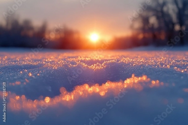 Obraz Sun setting over a snowy field.
