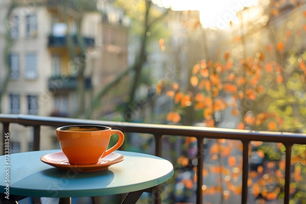 Fototapeta Morning Coffee on Balcony: An inviting composition featuring a vibrant orange coffee cup and saucer perched on a turquoise table.