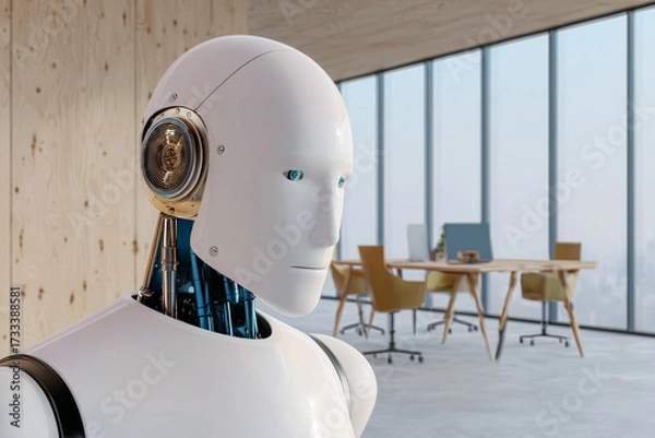 Fototapeta Modern robot in an office setting with an innovative design and large windows showcasing a city view