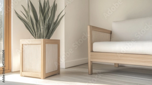 Fototapeta Modern interior design featuring a minimalist sofa and a large potted plant in a bright room