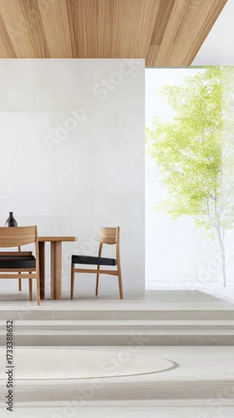 Fototapeta Modern dining area with wooden furniture and bright window view showcasing nature in a contemporary setting