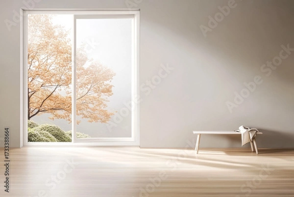 Fototapeta Bright and serene interior space with minimalist design showcasing autumn foliage through large glass doors
