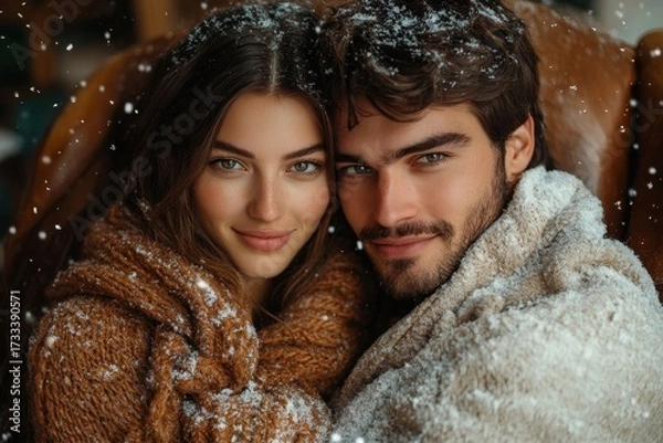 Obraz Couple smiling in snowfall.