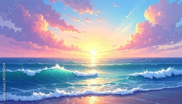 Obraz An idyllic watercolor of a sunlit ocean scene at sunset. Waves crash as the sun blazes through clouds