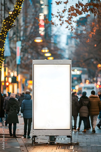Fototapeta Urban Canvas: A vibrant street scene showcasing an illuminated advertising billboard with ample blank space.