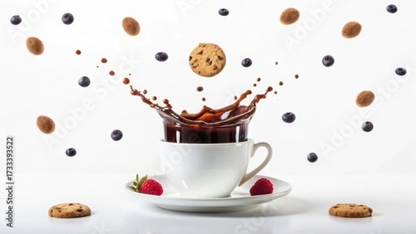 Fototapeta Dynamic coffee splash erupting from a white cup with cookies and berries frozen in mid air
