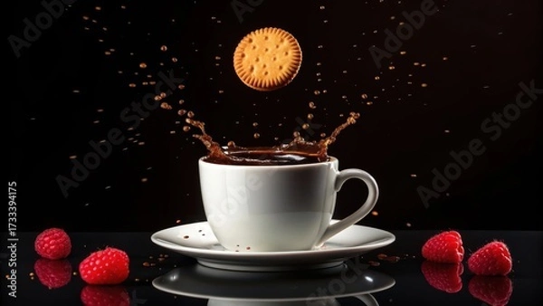 Fototapeta A single biscuit splashing into a white coffee cup filled with dark liquid surrounded by raspberries on a black background