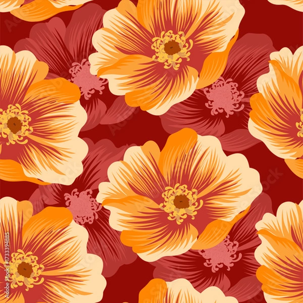 Fototapeta seamless pattern featuring large, vibrant orange and yellow flowers with deep red accents on a warm background. Perfect for apparel, packaging, and home decor.