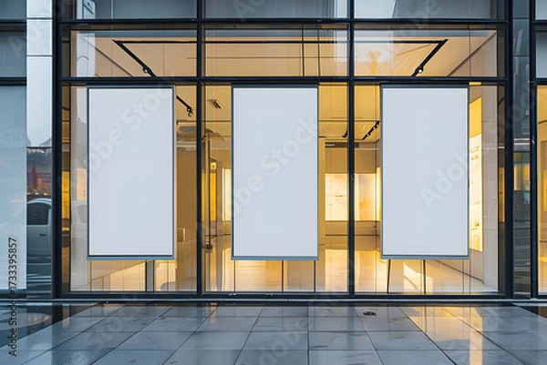 Fototapeta Storefront Display : A sleek and modern building exterior showcases three blank canvases within a large glass window, inviting the viewer to imagine a world of possibilities within.