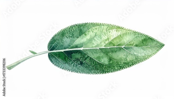 Obraz Watercolor of a single green leaf, veins visible, on white background