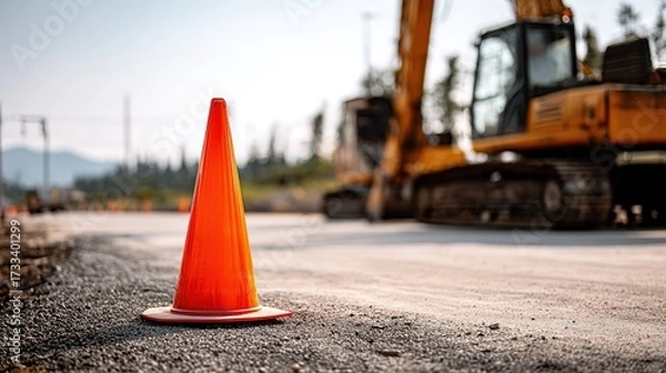 Fototapeta Bright orange traffic cone in  foreground on  gravel surface with construction equipment and trees in  blurred background