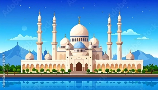 Obraz A mosque at twilight, reflected in water