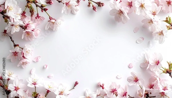 Fototapeta Branches with delicate pink and white blossoms frame a white background