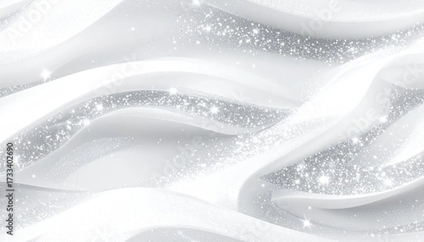 Fototapeta Abstract white, flowing, ribbon-like shapes with scattered silver sparkles