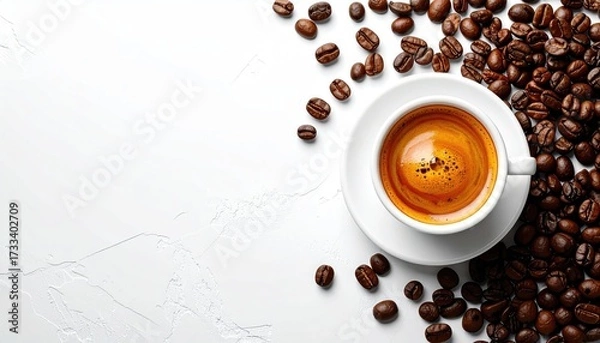 Fototapeta Coffee cup with espresso and scattered roasted beans on white textured surface