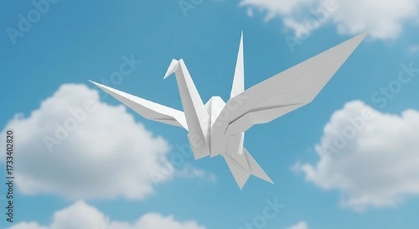Obraz White origami crane soaring against a bright blue sky with fluffy clouds
