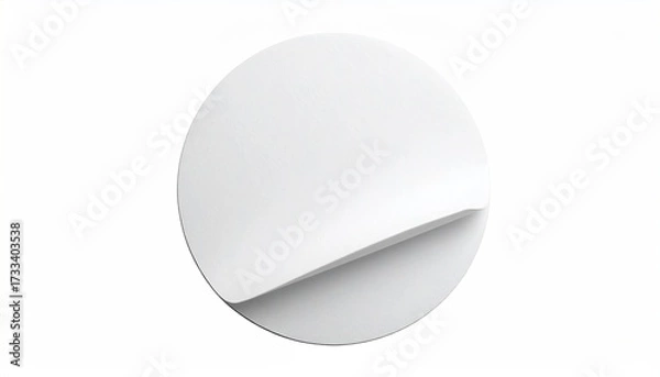 Fototapeta A white circular sticker with a curled edge, isolated against a clean white backdrop