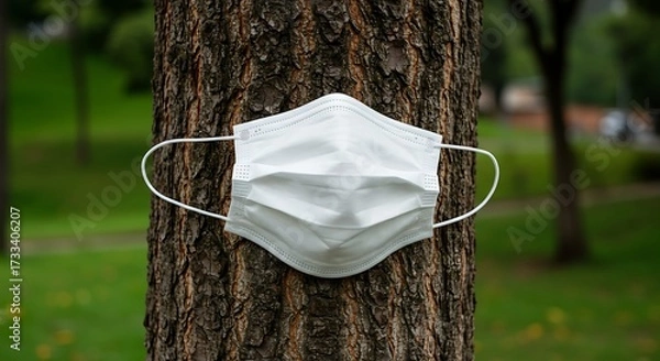 Obraz White protective face mask hanging on tree trunk in a green park