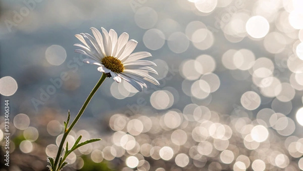 Fototapeta Single white daisy with golden center photographed from side angle, backlit against warm bokeh background creating luminous glow effect on delicate petals.
