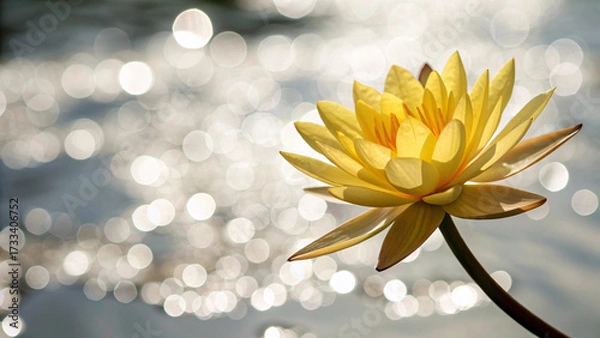 Fototapeta Luminous yellow water lily blooms magnificently with pointed petals radiating outward over sparkling bokeh backdrop suggesting sunlit water surface reflections.