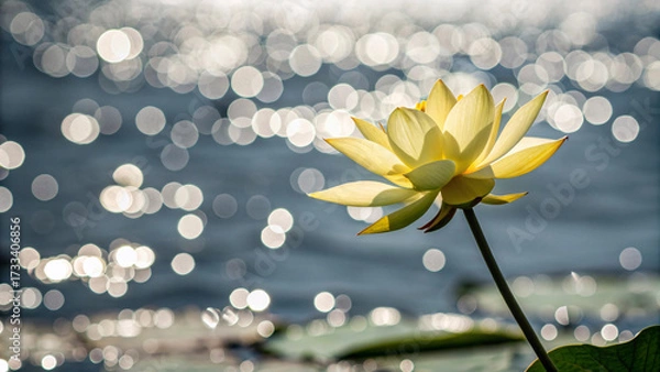 Fototapeta Soft yellow lotus flower opens gently above calm water with spectacular bokeh effect creating peaceful zen-like ambiance perfect for meditation imagery.
