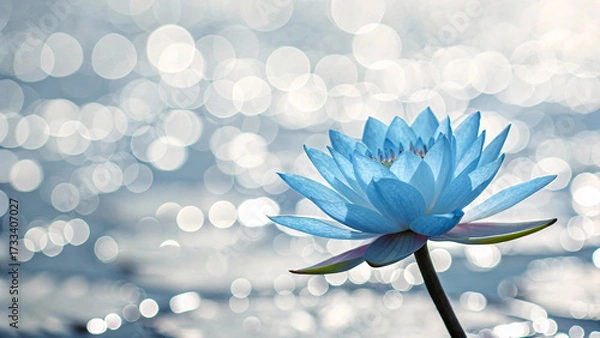 Fototapeta Light blue lotus flower blooms gracefully above water with layered petals and visible leaves creating tranquil zen garden atmosphere with bokeh.