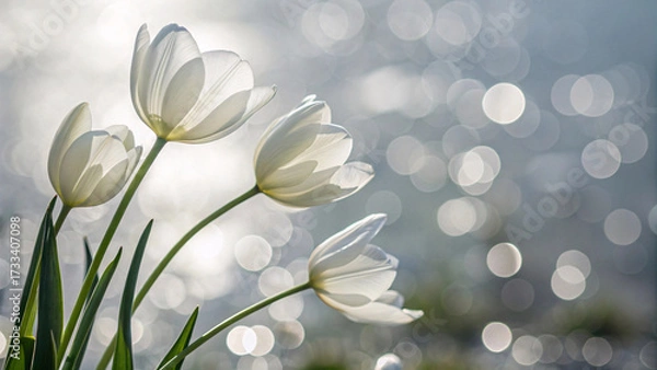 Fototapeta Four elegant white tulips backlit with soft glow, translucent petals revealing delicate details, surrounded by dreamy bokeh circles in blue-grey atmosphere.
