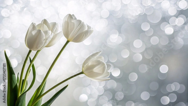 Fototapeta Three pristine white tulips against bright bokeh background, clean composition with green stems and leaves, soft focus creating peaceful spring garden atmosphere.