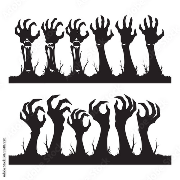 Fototapeta a set of 12 black zombie hand silhouettes rising from the ground in a horror and Halloween style 