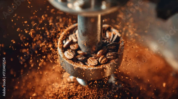 Fototapeta Fresh coffee beans being ground in grinder, creating rich aroma and vibrant texture
