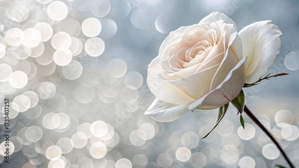 Fototapeta Single cream-white rose with slight peach tones, delicate petals unfurling, sharp focus against soft blue-grey bokeh creating dreamy romantic floral portrait.