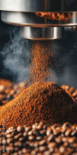 Fototapeta Aromatic coffee grounds falling from grinder, surrounded by coffee beans, creating rich and inviting atmosphere