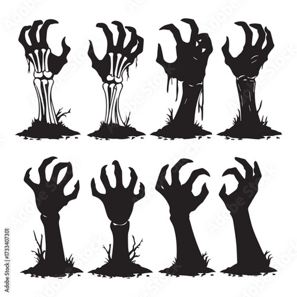 Obraz a set of 12 black zombie hand silhouettes rising from the ground in a horror and Halloween style 