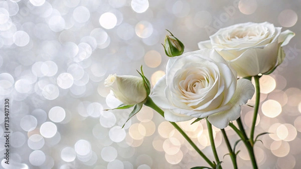 Fototapeta Multiple white roses with cream centers and green buds, warm golden bokeh background creating soft romantic atmosphere, stems gracefully arranged in cluster.