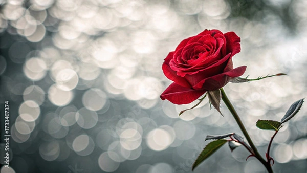 Fototapeta Deep crimson rose stands elegantly against dreamy bokeh background, showcasing rich velvety petals with delicate sepals visible on green stem underneath flower.
