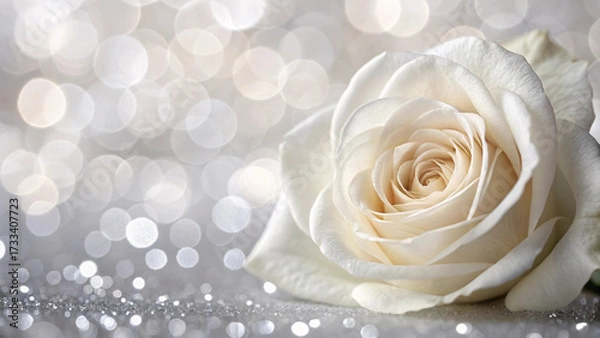 Fototapeta Pure white rose rests on glittering surface, perfect spiral center visible with pristine cream-colored petals creating timeless elegance against sparkling bokeh background.