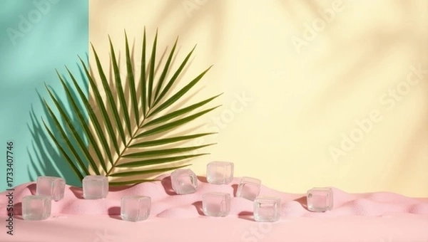 Fototapeta Minimal Summer Scene with Palm Leaf and Ice Cubes