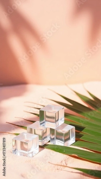 Fototapeta Stack of Clear Ice Cubes with Palm Leaf on Beach Sand