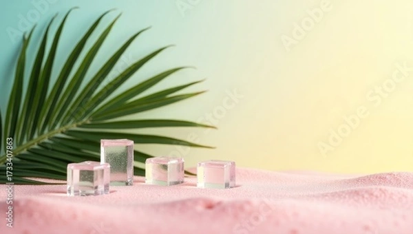 Fototapeta Minimalist Summer Scene with Palm Leaf and Glass Cubes