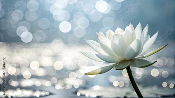 Fototapeta Pristine white lotus flower blooms over tranquil water surface blue-gray tones shimmering bokeh reflections creating peaceful zen meditation mood