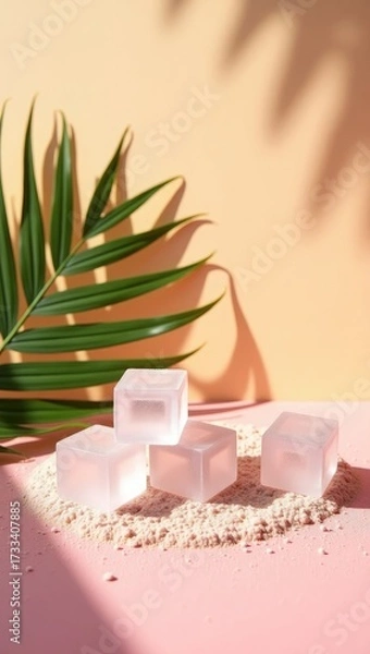 Fototapeta Beauty Product Display with Tropical Palm and Frosted Ice Cubes