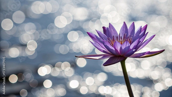 Fototapeta Vibrant purple lotus flower displays pointed petals orange stamens floating over blurred water background with soft dreamy bokeh circles