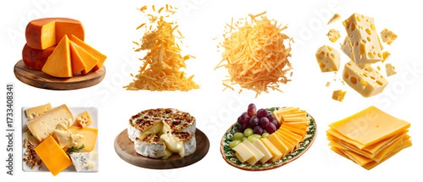 Fototapeta Set of cheese, coagulated dairy milk slices pieces halved, serving board, platter plate. Cheddar, mozzarella, grated, blue, Parmesan, transparent cutout PNG. Many different flavour texture. Mockup
