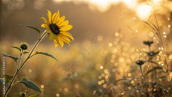 Fototapeta Wild yellow sunflower blooms in natural meadow setting, captured during golden hour with warm bokeh and silhouetted wildflowers in background.