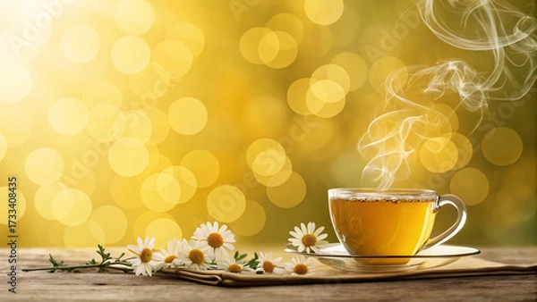 Fototapeta Steaming chamomile tea in clear glass cup sits on wooden surface, surrounded by fresh white daisies against golden bokeh background.