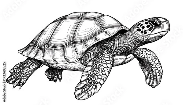 Fototapeta Detailed black and white illustration of a turtle, showcasing its shell's texture and scales. The creature is posed against a white background