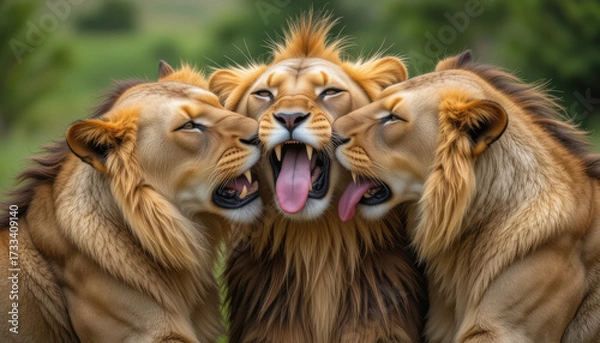 Fototapeta Three lions playfully interacting with each other in a close-up shot, showing their tongues.