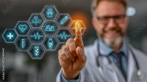 Fototapeta Doctor Using Futuristic Healthcare Technology Interface